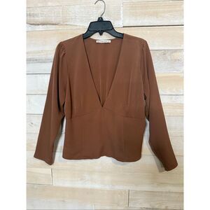 Abercrombie & Fitch Brown V-Neck Long Sleeve Cropped Blouse Size L